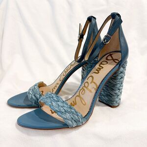 Sam Edelman Yoana Blue Leather Braided Raffia High Heel Ankle Strap Shoes 10